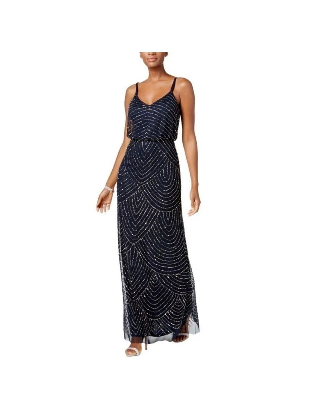 Nwt Adrianna Papell Spaghetti Strap Beaded Blouson Ball Gown in Gunmetal